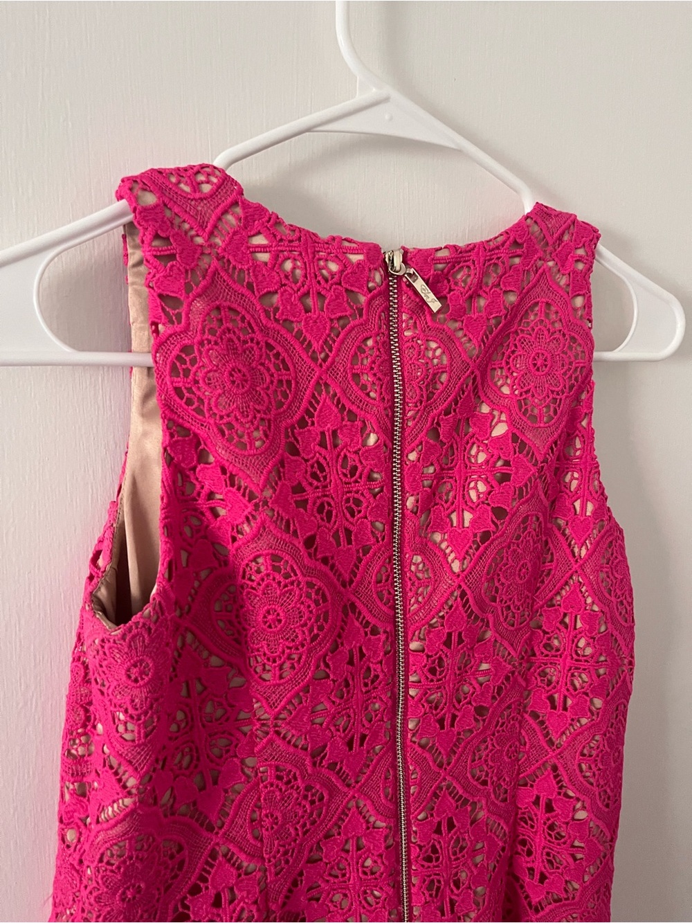Eliza J. Hot Pink Magenta Crochet Lace Overlay Sleeveless Dress Scalloped 0P - Picture 4 of 13